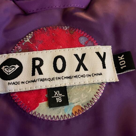 Roxy Girls 10K Hooded Insulated Ski Snow Jacket XL 16 Purple White Stripe Floral - Picture 6 of 14